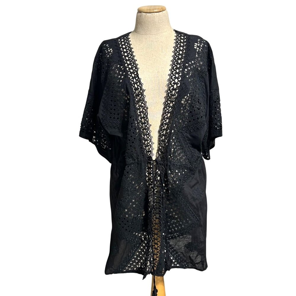 Ramy Brook Womens Sz Large Black Crochet Trim Open Front Tie Waist Top